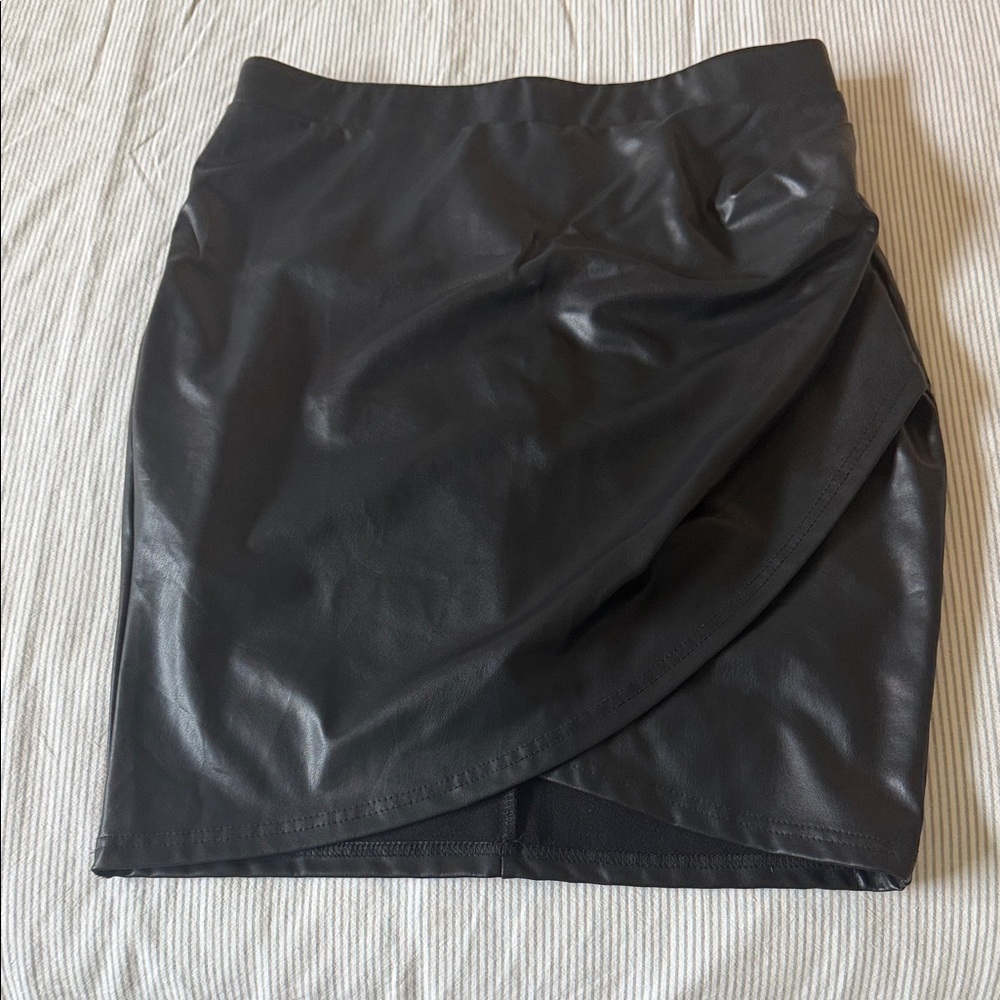 Black Faux Leather Wrap Mini Skirt